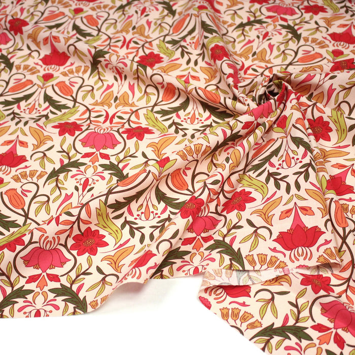 Tissu cotonnade fleuri typique ART NOUVEAU, tons corail, roses et verts - OEKO-TEX STANDARD 100