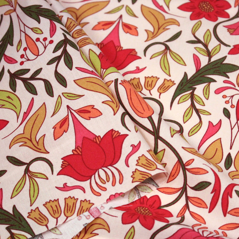 Tissu cotonnade fleuri typique ART NOUVEAU, tons corail, roses et verts - OEKO - TEX STANDARD 100 - TissusPapi.com