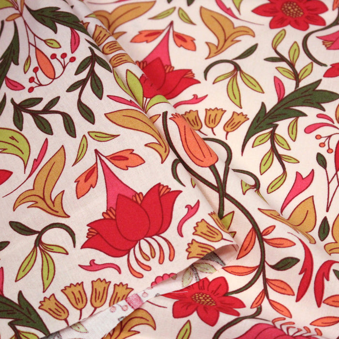 Tissu cotonnade fleuri typique ART NOUVEAU, tons corail, roses et verts - OEKO-TEX STANDARD 100