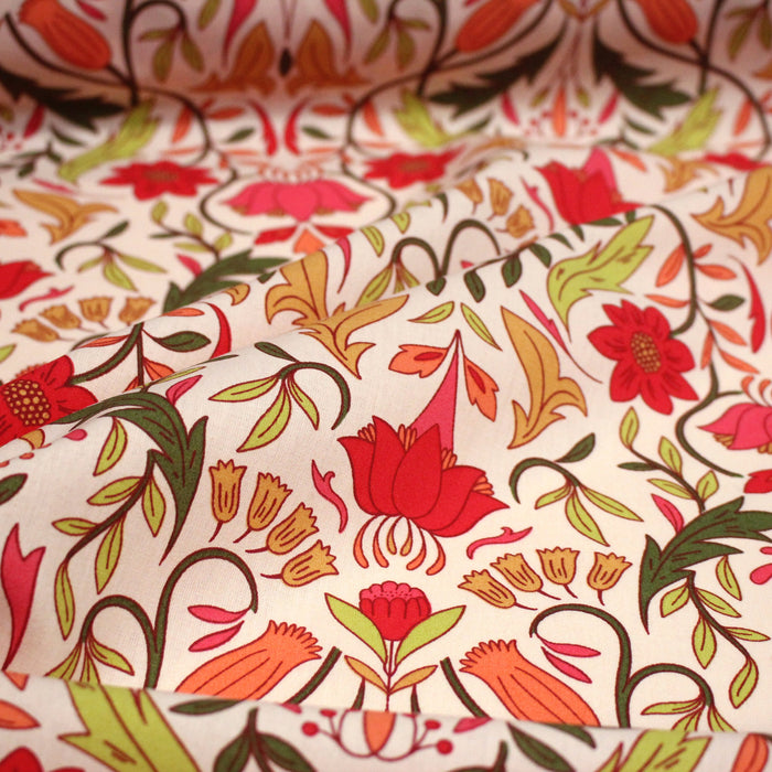 Tissu cotonnade fleuri typique ART NOUVEAU, tons corail, roses et verts - OEKO-TEX STANDARD 100