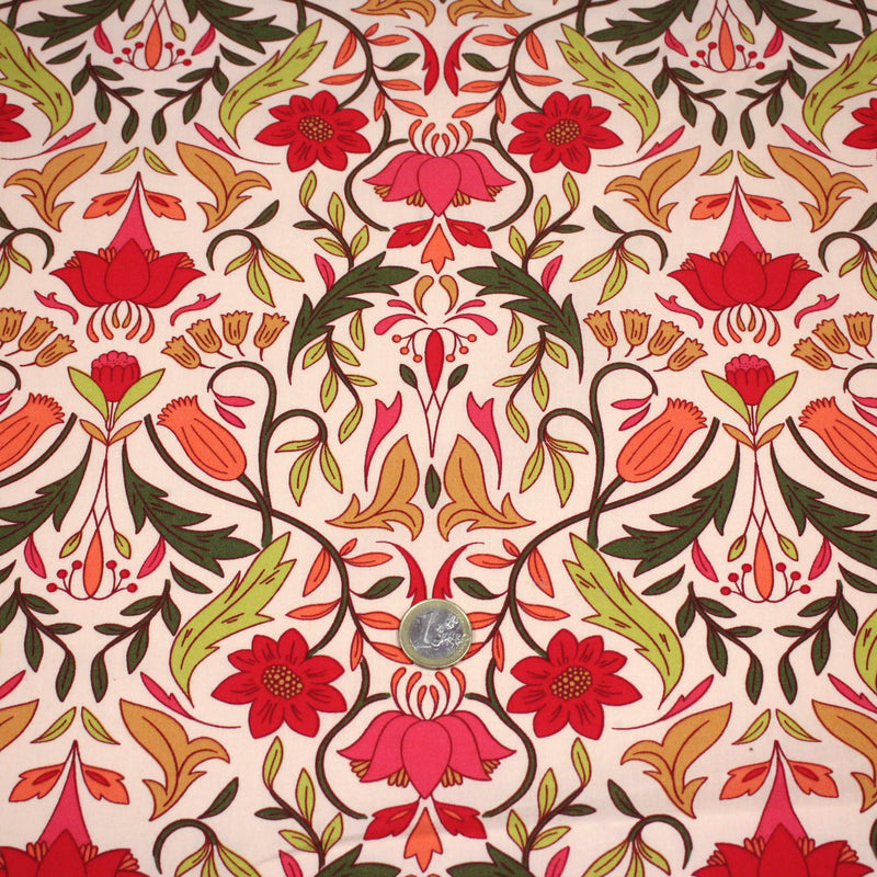 Tissu cotonnade fleuri typique ART NOUVEAU, tons corail, roses et verts - OEKO - TEX STANDARD 100 - TissusPapi.com