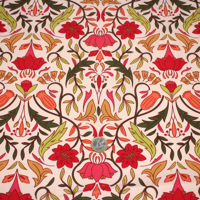 Tissu cotonnade fleuri typique ART NOUVEAU, tons corail, roses et verts - OEKO-TEX STANDARD 100