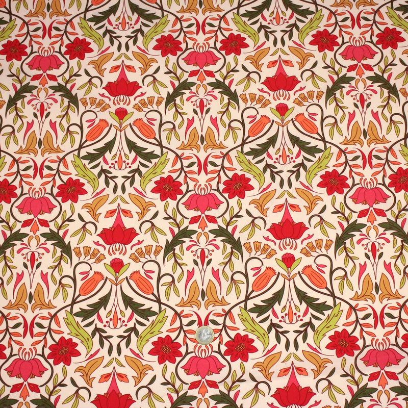 Tissu cotonnade fleuri typique ART NOUVEAU, tons corail, roses et verts - OEKO - TEX STANDARD 100 - TissusPapi.com