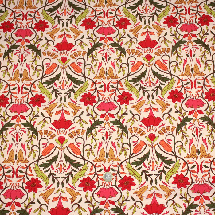Tissu cotonnade fleuri typique ART NOUVEAU, tons corail, roses et verts - OEKO-TEX STANDARD 100
