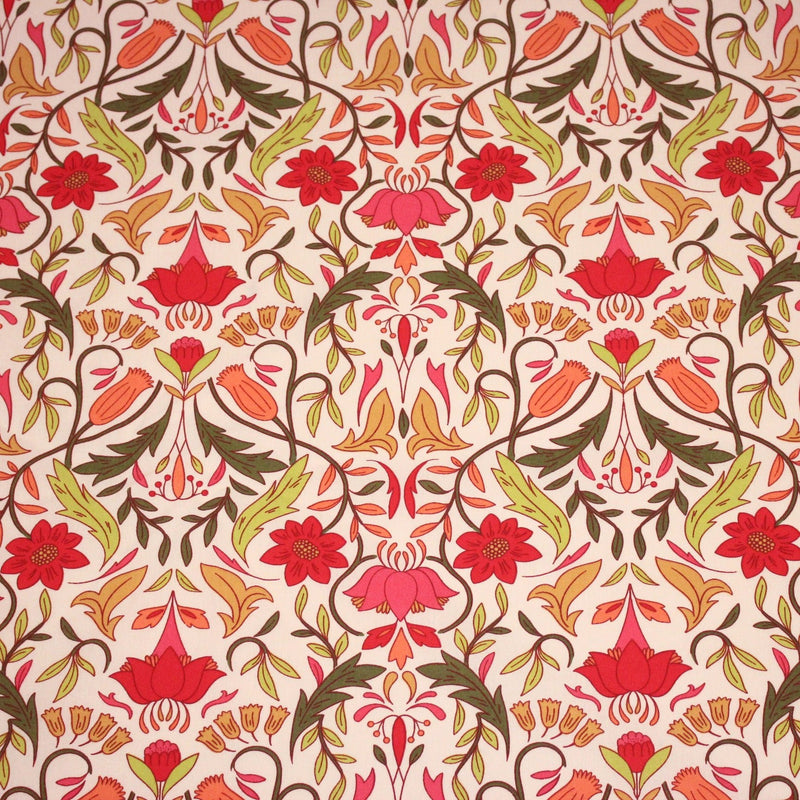 Tissu cotonnade fleuri typique ART NOUVEAU, tons corail, roses et verts - OEKO - TEX STANDARD 100 - TissusPapi.com