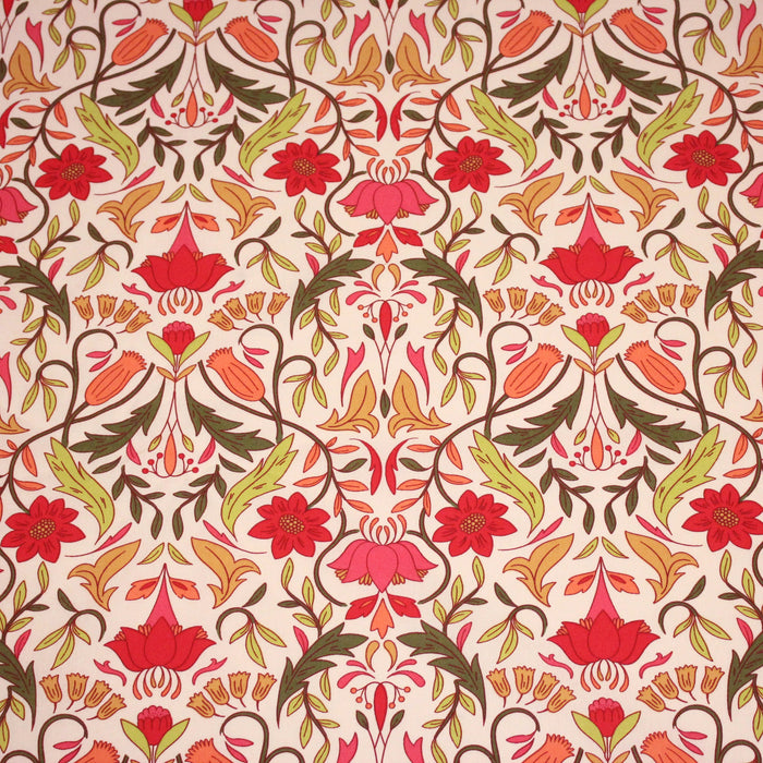 Tissu cotonnade fleuri typique ART NOUVEAU, tons corail, roses et verts - OEKO-TEX STANDARD 100