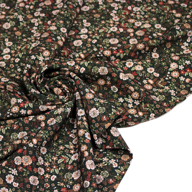 Tissu Viscose fluide vert anglais aux fines fleurs automnales – STANDARD 100 OEKO-TEX - TissusPapi.com