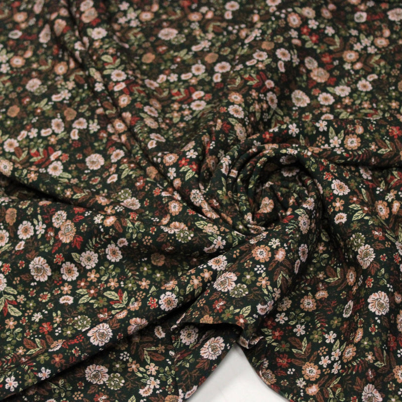 Tissu Viscose fluide vert anglais aux fines fleurs automnales – STANDARD 100 OEKO-TEX - TissusPapi.com