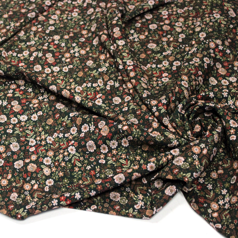 Tissu Viscose fluide vert anglais aux fines fleurs automnales – STANDARD 100 OEKO-TEX - TissusPapi.com