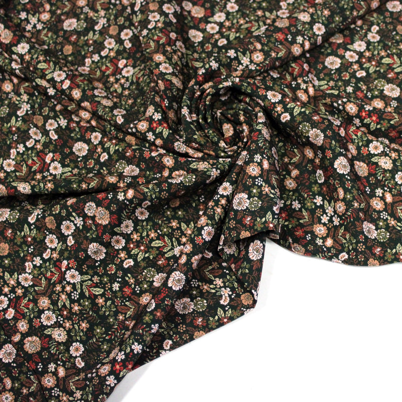 Tissu Viscose fluide vert anglais aux fines fleurs automnales – STANDARD 100 OEKO-TEX - TissusPapi.com