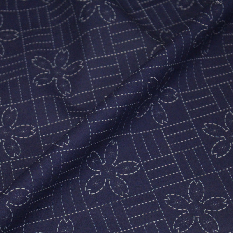 Tissu cotonnade motif japonais SASHIKO tons bleus & écrus - TissusPapi.com