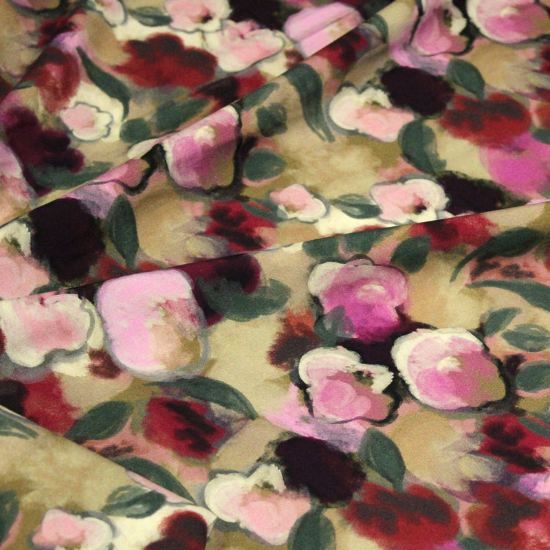 Tissu Viscose fluide aux fleurs aquarelle tons roses, vert pâle, rouges – STANDARD 100 OEKO-TEX - TissusPapi.com