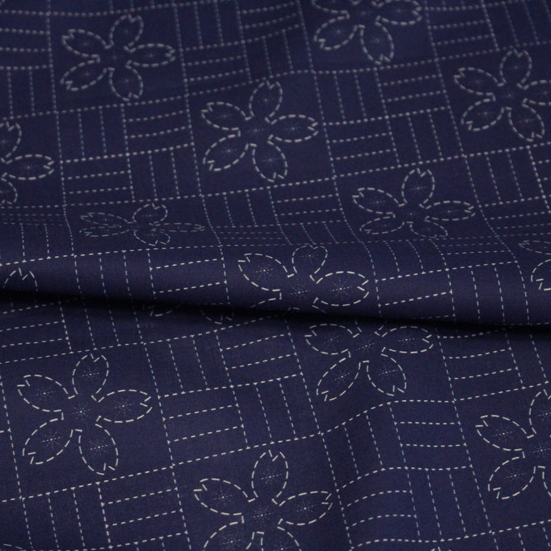 Tissu cotonnade motif japonais SASHIKO tons bleus & écrus - TissusPapi.com