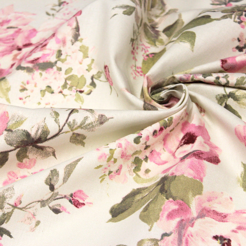 Tissu motif britannique aux grandes fleurs roses : lin, bleu, écru - COLLECTION BRIGHTON - TissusPapi.com
