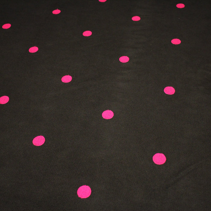 Tissu velours côtelés marron chocolat aux pois roses, fabrication française