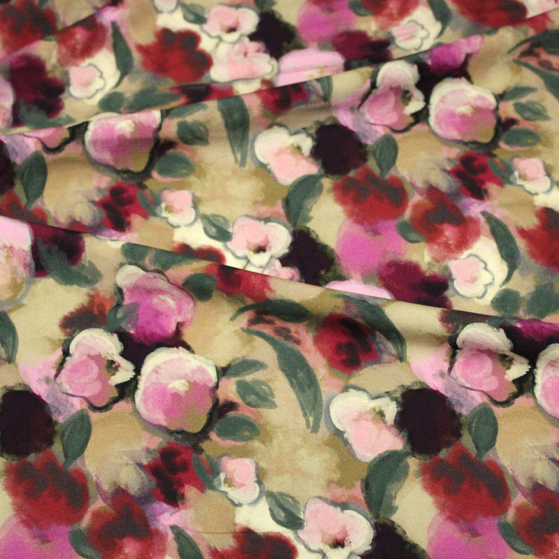 Tissu Viscose fluide aux fleurs aquarelle tons roses, vert pâle, rouges – STANDARD 100 OEKO-TEX - TissusPapi.com