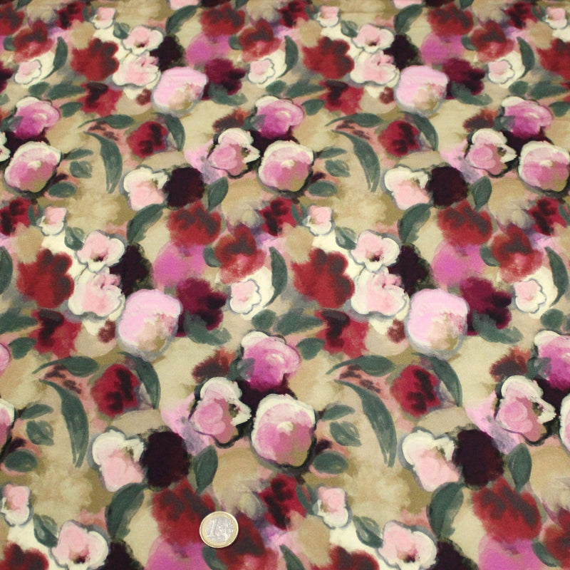 Tissu Viscose fluide aux fleurs aquarelle tons roses, vert pâle, rouges – STANDARD 100 OEKO-TEX - TissusPapi.com