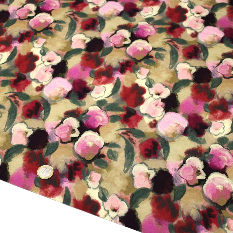 Tissu Viscose fluide aux fleurs aquarelle tons roses, vert pâle, rouges – STANDARD 100 OEKO-TEX - TissusPapi.com