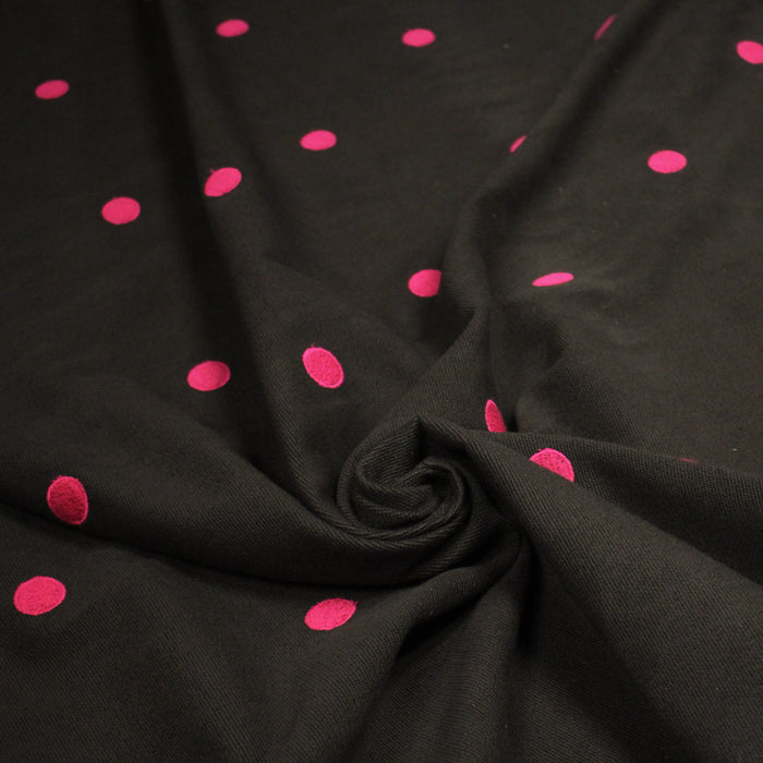 Tissu velours côtelés marron chocolat aux pois roses, fabrication française