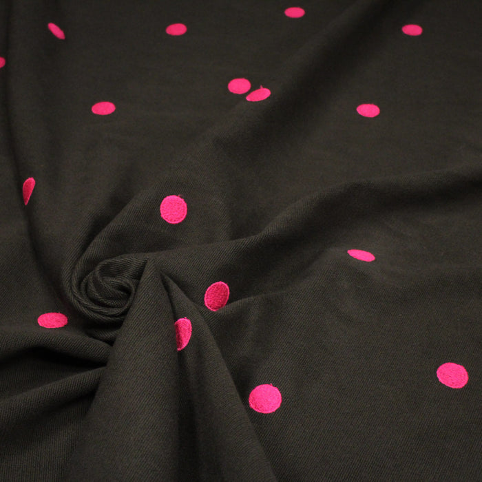 Tissu velours côtelés marron chocolat aux pois roses, fabrication française