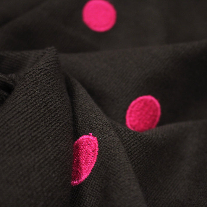 Tissu velours côtelés marron chocolat aux pois roses, fabrication française