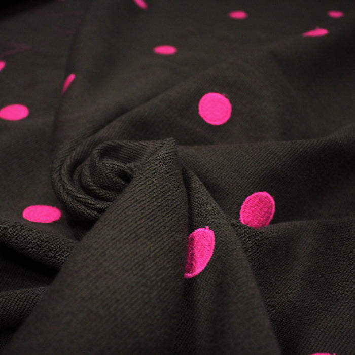 Tissu velours côtelés marron chocolat aux pois roses, fabrication française