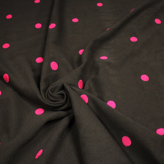 Tissu velours côtelés marron chocolat aux pois roses, fabrication française