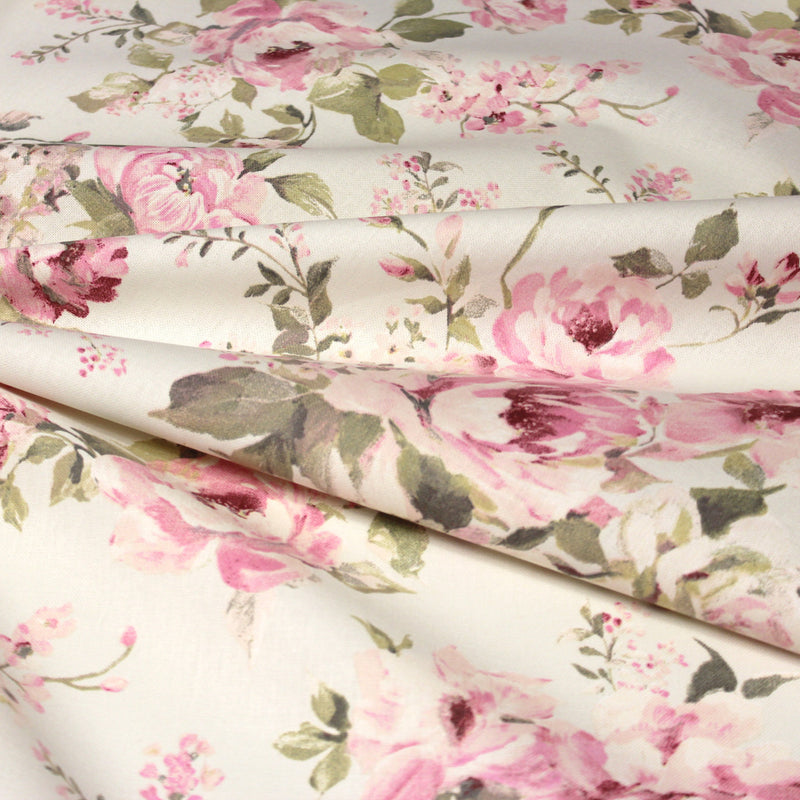 Tissu motif britannique aux grandes fleurs roses : lin, bleu, écru - COLLECTION BRIGHTON - TissusPapi.com