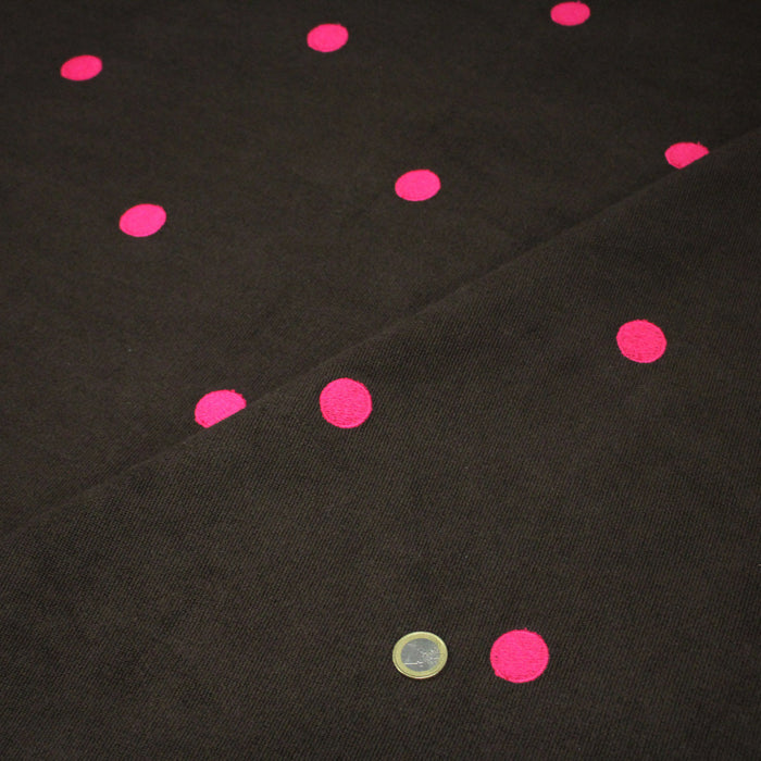 Tissu velours côtelés marron chocolat aux pois roses, fabrication française