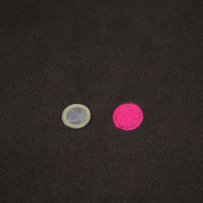 Tissu velours côtelés marron chocolat aux pois roses, fabrication française