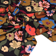 Tissu Viscose fluide fleurs graphiques rétro multicolores, fond noir – STANDARD 100 OEKO-TEX - TissusPapi.com