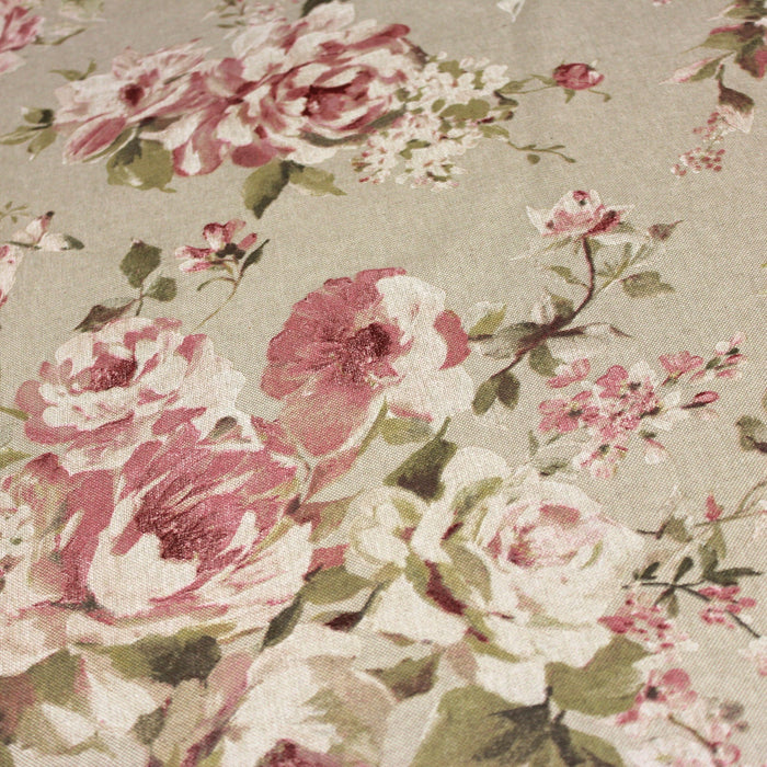 Tissu motif britannique aux grandes fleurs roses, fond lin - COLLECTION BRIGHTON