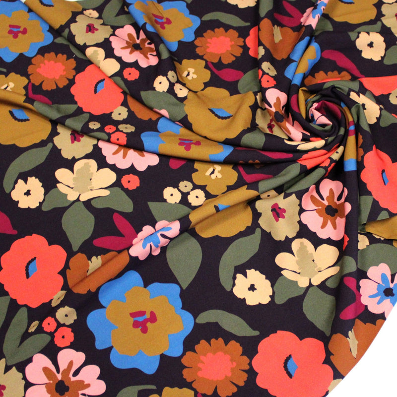 Tissu Viscose fluide fleurs graphiques rétro multicolores, fond noir – STANDARD 100 OEKO-TEX - TissusPapi.com