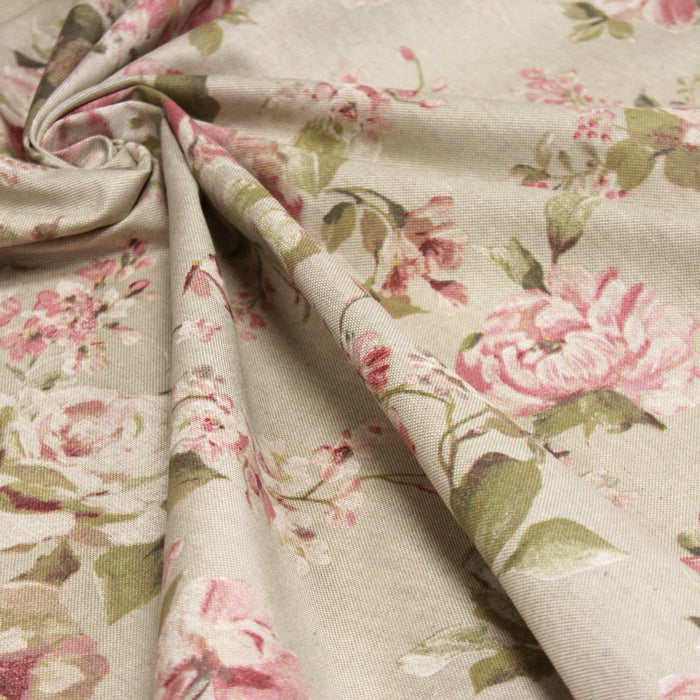 Tissu motif britannique aux grandes fleurs roses, fond lin - COLLECTION BRIGHTON