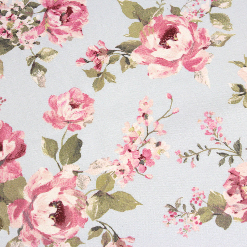 Tissu motif britannique aux grandes fleurs roses : lin, bleu, écru - COLLECTION BRIGHTON - TissusPapi.com