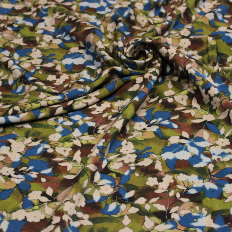 Tissu Viscose fluide aux fleurs aquarelle tons verts, bleus, marron – STANDARD 100 OEKO-TEX - TissusPapi.com