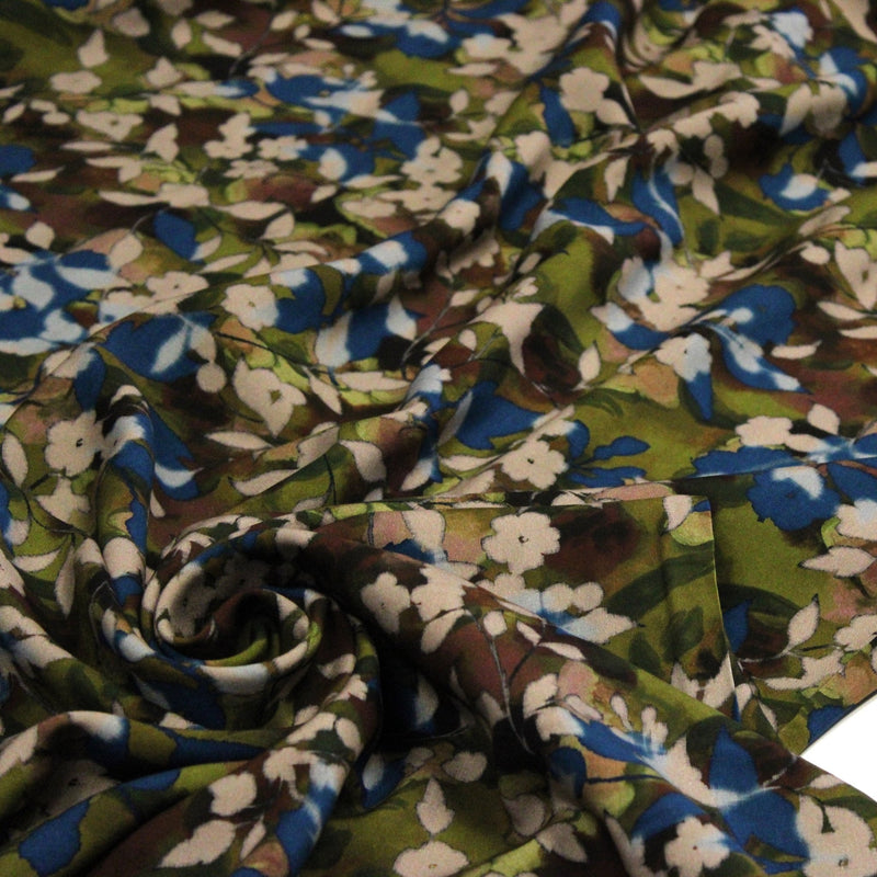 Tissu Viscose fluide aux fleurs aquarelle tons verts, bleus, marron – STANDARD 100 OEKO-TEX - TissusPapi.com