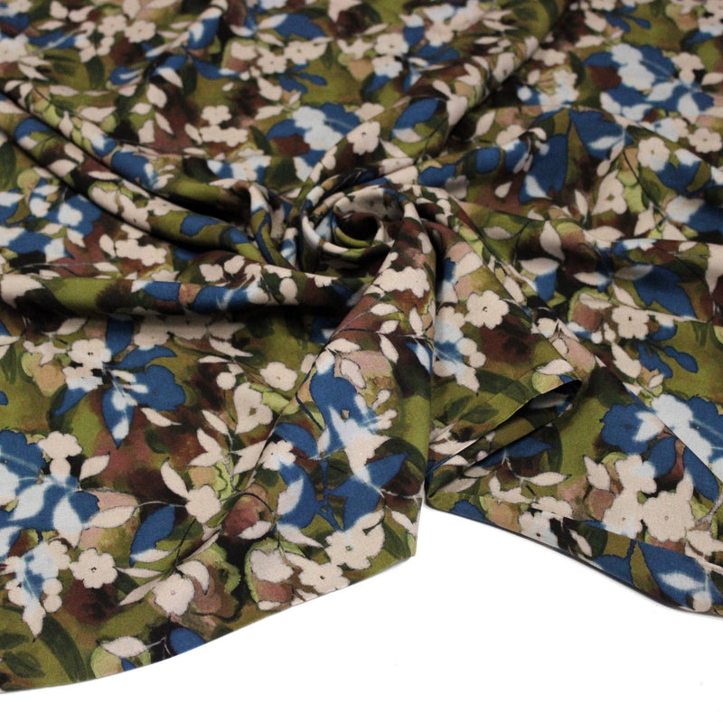 Tissu Viscose fluide aux fleurs aquarelle tons verts, bleus, marron – STANDARD 100 OEKO-TEX - TissusPapi.com