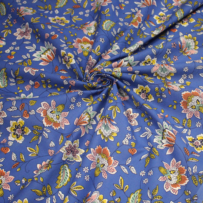 Tissu coton KALAMKARI aux fleurs indiennes multicolores sur fond bleu France