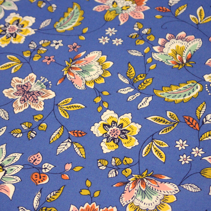 Tissu coton KALAMKARI aux fleurs indiennes multicolores sur fond bleu France