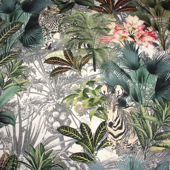 Tissu gabardine de coton LUXE imprimée motif forêt tropical luxuriante aux zèbres et léopards