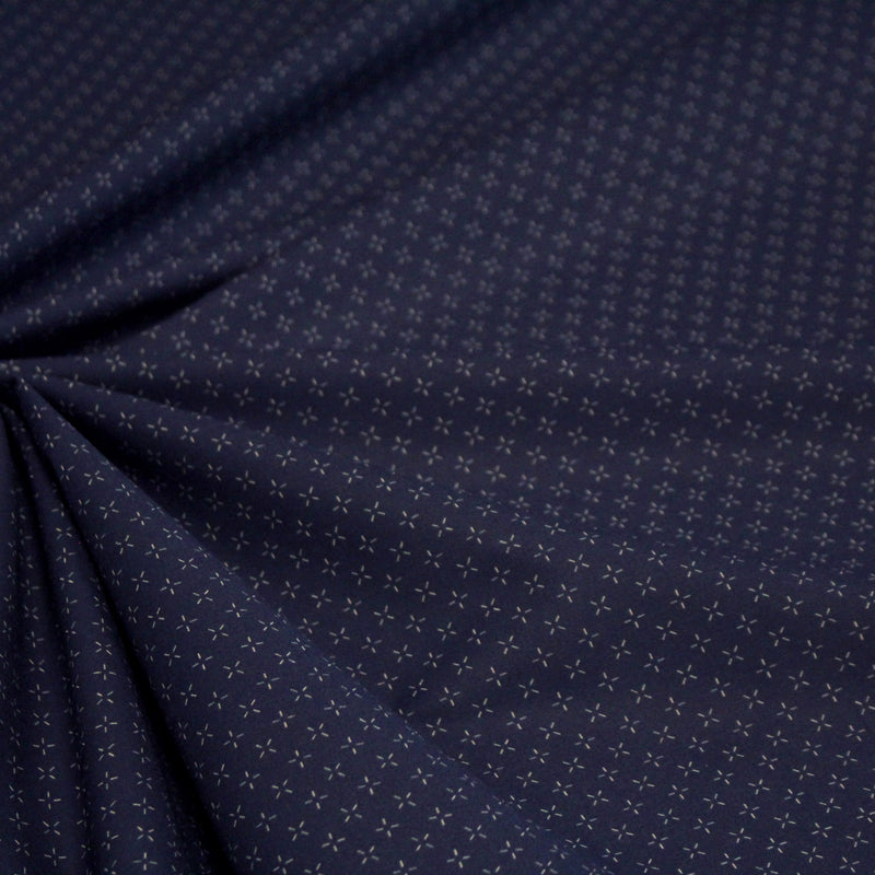 Tissu cotonnade motif japonais KA - KASURI aux croix écrus & fond bleu - TissusPapi.com