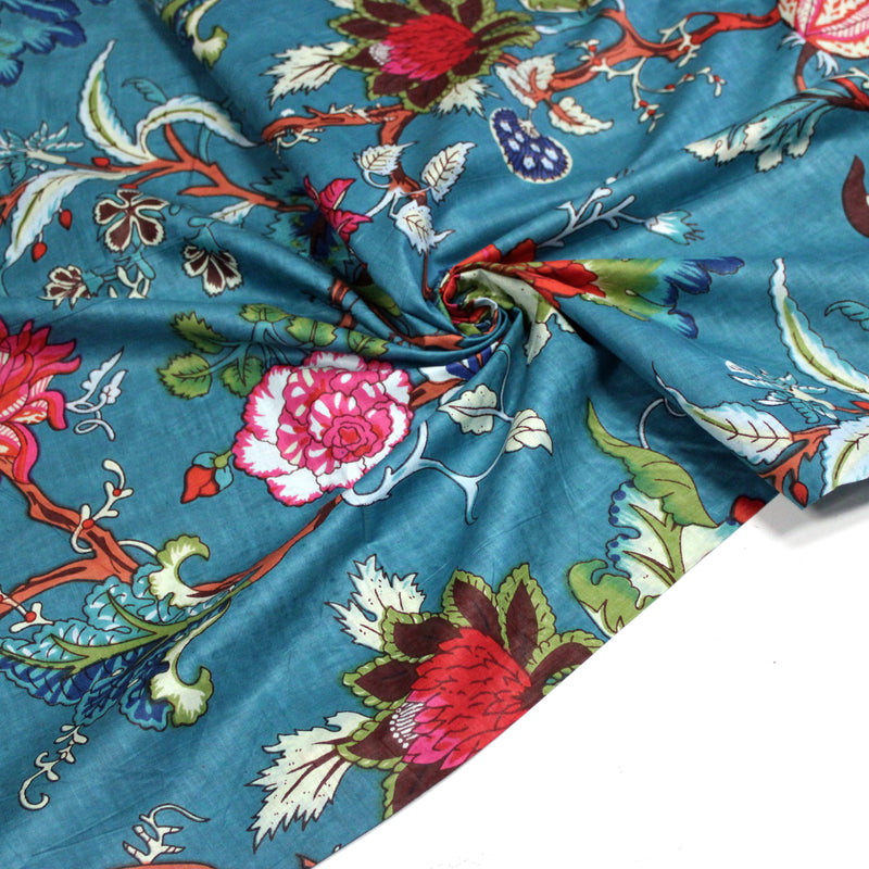 Tissu coton fin imprimé INDIENNES, bleu canard aux fleurs et motifs indiens multicolores