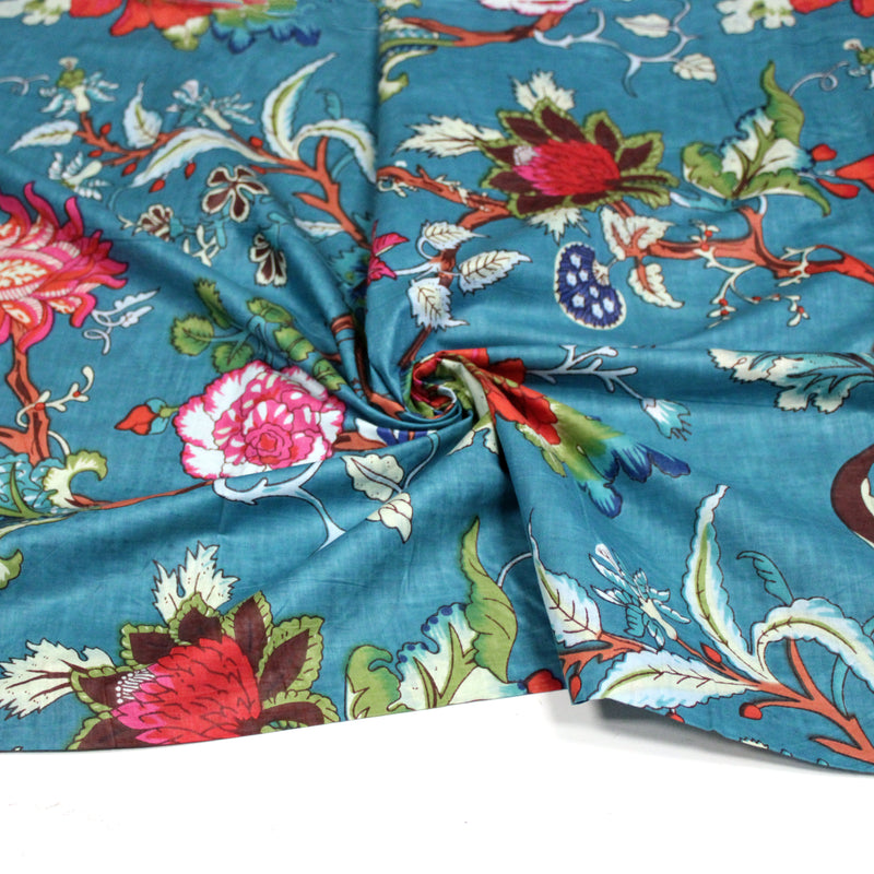Tissu coton fin imprimé INDIENNES, bleu canard aux fleurs et motifs indiens multicolores