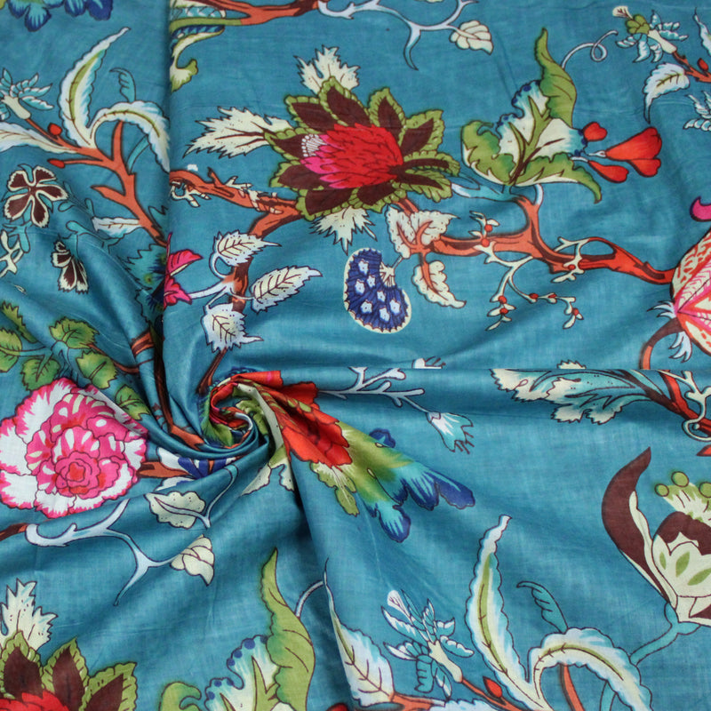 Tissu coton fin imprimé INDIENNES, bleu canard aux fleurs et motifs indiens multicolores
