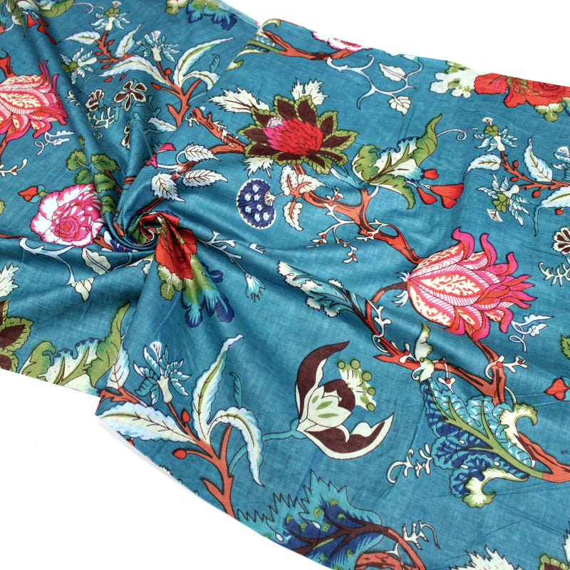Tissu coton fin imprimé INDIENNES, bleu canard aux fleurs et motifs indiens multicolores
