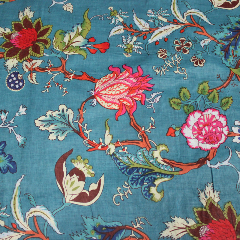 Tissu coton fin imprimé INDIENNES, bleu canard aux fleurs et motifs indiens multicolores