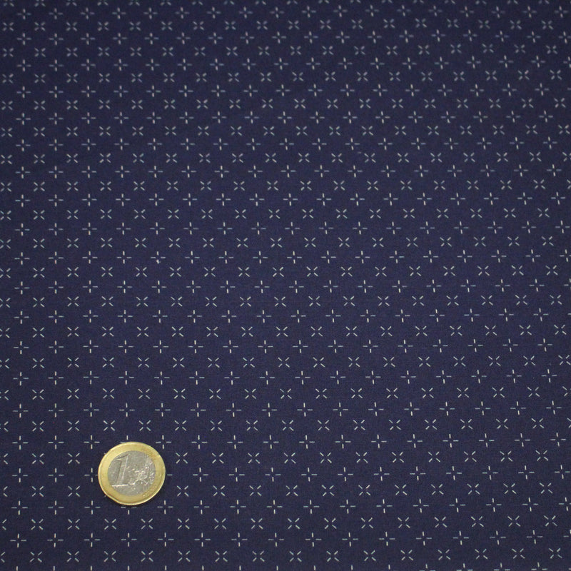 Tissu cotonnade motif japonais KA - KASURI aux croix écrus & fond bleu - TissusPapi.com