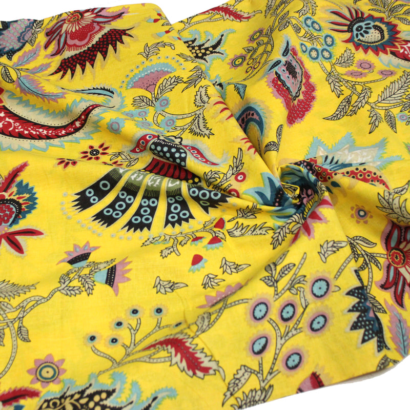 Tissu coton fin imprimé INDIENNES, jaune aux fleurs et motifs indiens multicolores