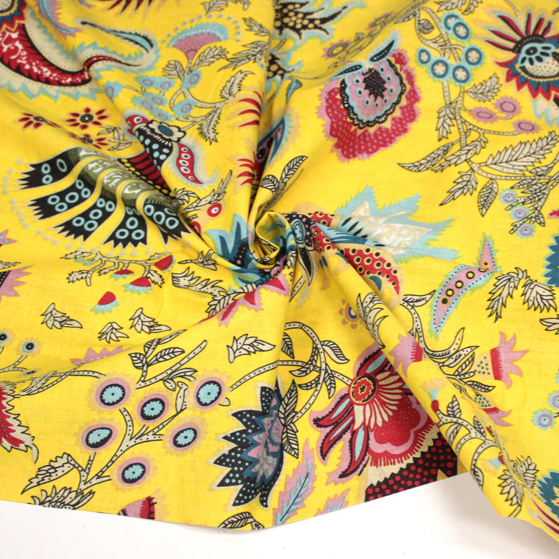 Tissu coton fin imprimé INDIENNES, jaune aux fleurs et motifs indiens multicolores
